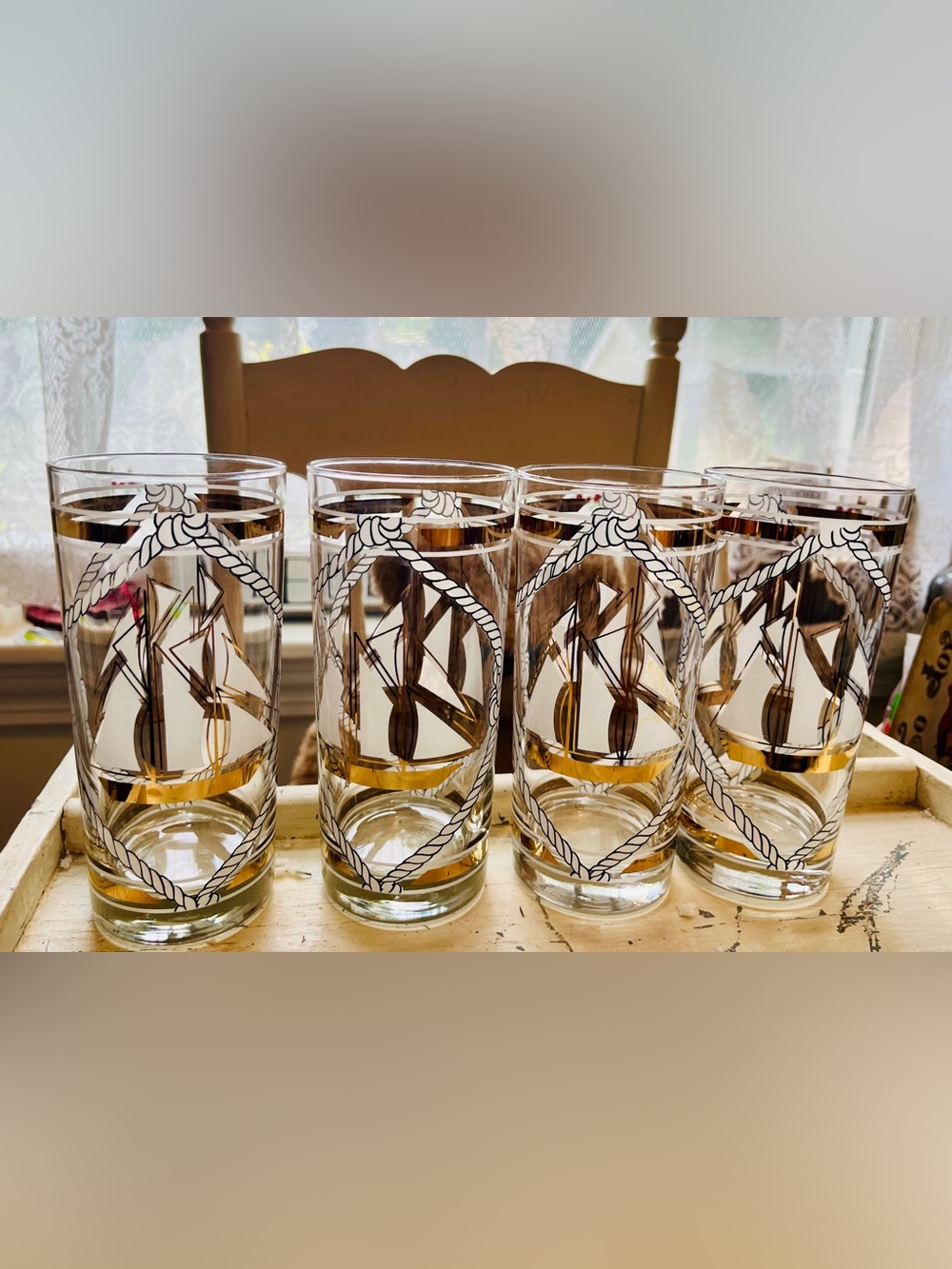 Vintage Nautical Highball Glasses - Gold & White Ship Design (Set of 4) 16oz